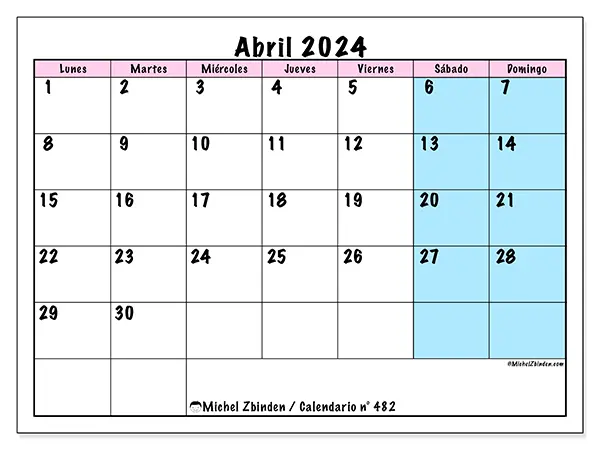 Calendario n.° 482 para abril de 2024 para imprimir gratis. Semana: De lunes a domingo.