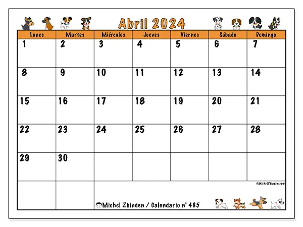 Calendario n.° 485 para imprimir gratis, abril 2025. Semana:  De lunes a domingo