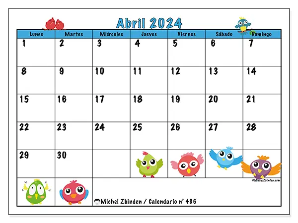 Calendario n.° 486 para imprimir gratis, abril 2025. Semana:  De lunes a domingo