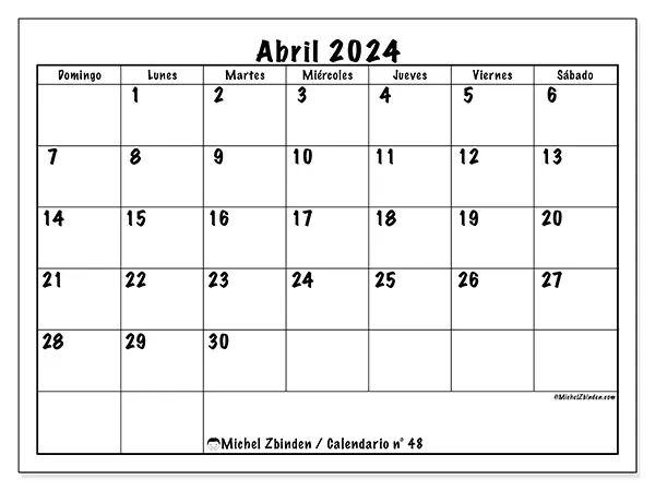 Calendario n.° 48 para abril de 2024 para imprimir gratis. Semana: De domingo a sábado.