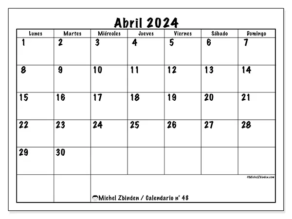 Calendario n.° 48 para abril de 2024 para imprimir gratis. Semana: De lunes a domingo.