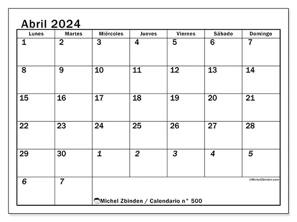 Calendario n.° 500 para imprimir gratis, abril 2025. Semana:  De lunes a domingo
