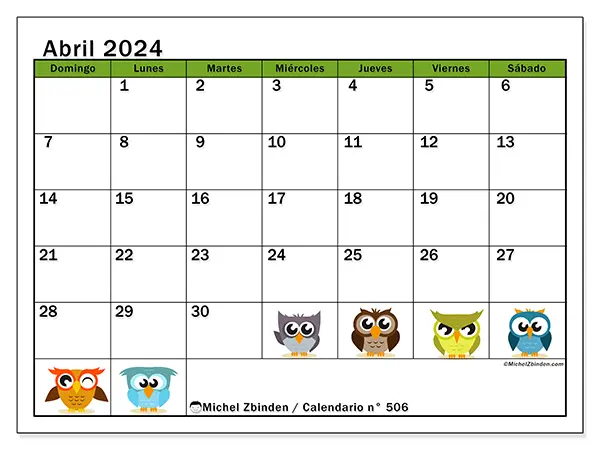 Calendario para imprimir n° 506, abril de 2024