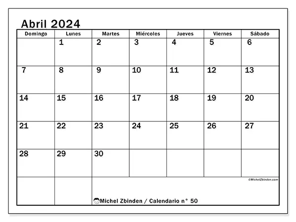Calendario n.° 50 para abril de 2024 para imprimir gratis. Semana: De domingo a sábado.