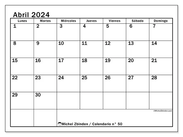 Calendario n.° 50 para abril de 2024 para imprimir gratis. Semana: De lunes a domingo.