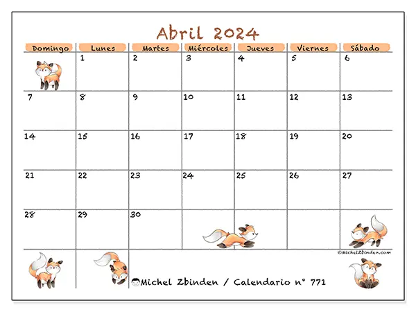 Calendario n.° 771 para abril de 2024 para imprimir gratis. Semana: De domingo a sábado.
