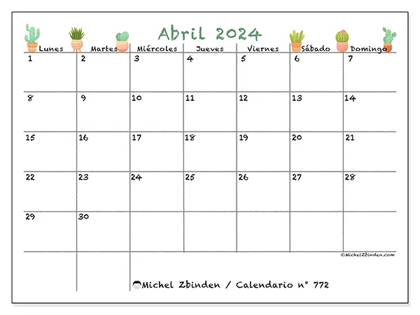 Calendario n.° 772 para imprimir gratis, abril 2025. Semana:  De lunes a domingo