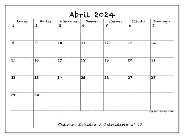 Calendario n.° 77 para imprimir gratis, abril 2025. Semana:  De lunes a domingo