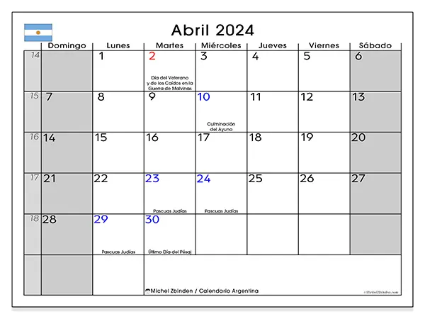 Calendario Argentina para imprimir gratis de abril de 2024. Semana: De domingo a sábado.