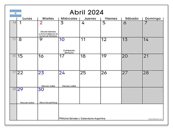 Calendario Argentina para imprimir gratis de abril de 2024. Semana: De lunes a domingo.