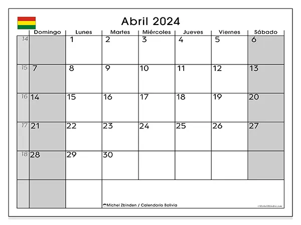 Calendario para imprimir Bolivia, abril de 2024