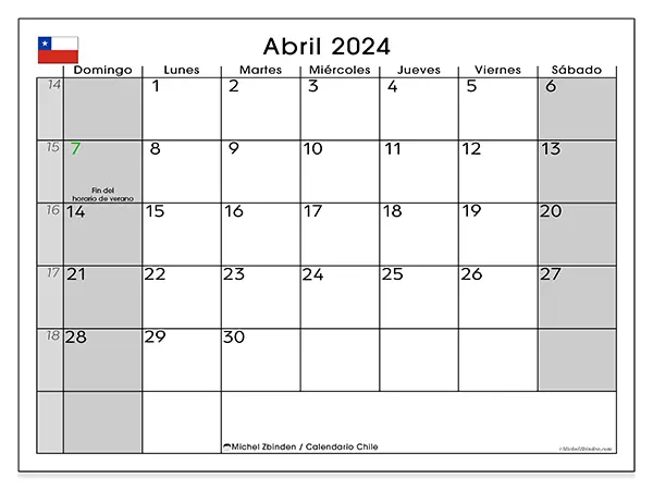 Calendario Chile para imprimir gratis de abril de 2024. Semana: De domingo a sábado.