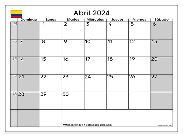 Calendario para imprimir gratis de Colombia para abril de 2024. Semana : De domingo a sábado.