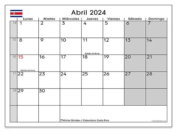 Calendario de Costa Rica para imprimir gratis, abril 2025. Semana:  De lunes a domingo