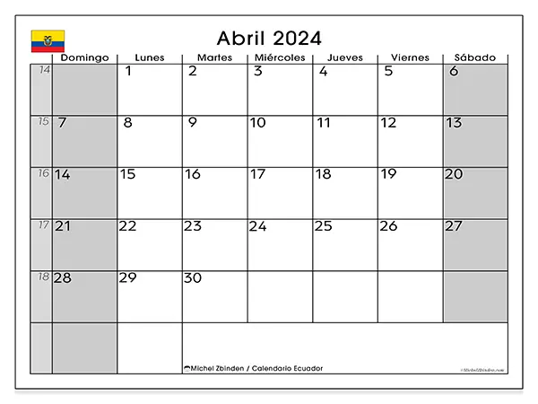 Calendario Ecuador para imprimir gratis de abril de 2024. Semana: De domingo a sábado.