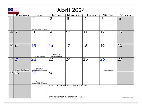 Calendario Estados Unidos para imprimir gratis de abril de 2024. Semana: De domingo a sábado.
