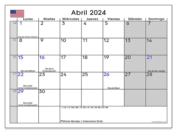 Calendario Estados Unidos para imprimir gratis de abril de 2024. Semana: De lunes a domingo.