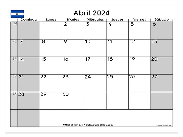 Calendario El Salvador para imprimir gratis de abril de 2024. Semana: De domingo a sábado.