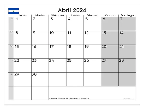 Calendario El Salvador para imprimir gratis de abril de 2024. Semana: De lunes a domingo.