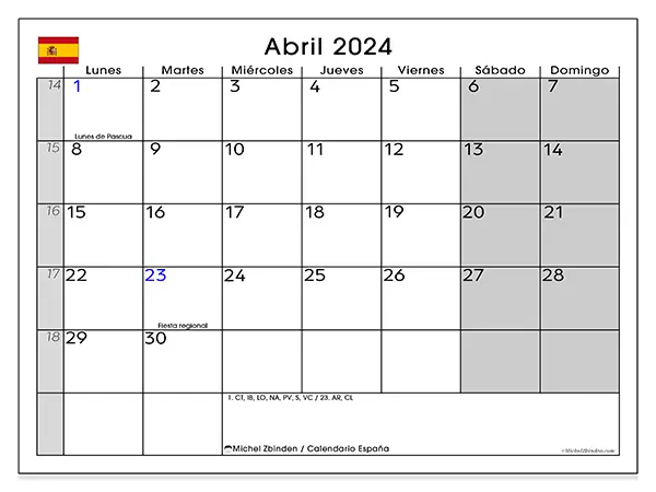 Calendario para imprimir España, abril de 2024