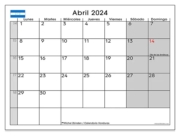 Calendario Honduras para imprimir gratis de abril de 2024. Semana: De lunes a domingo.