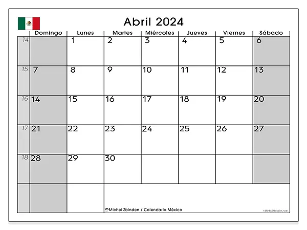 Calendario México para imprimir gratis de abril de 2024. Semana: De domingo a sábado.