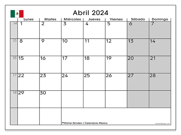 Calendario México para imprimir gratis de abril de 2024. Semana: De lunes a domingo.