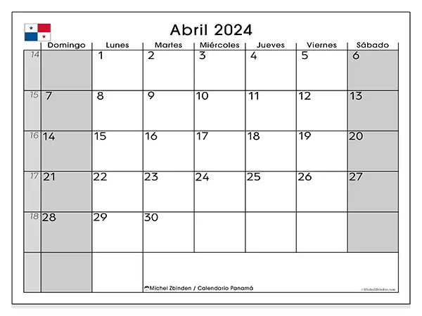 Calendario Panamá para imprimir gratis de abril de 2024. Semana: De domingo a sábado.
