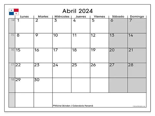 Calendario de Panamá para imprimir gratis, abril 2025. Semana:  De lunes a domingo