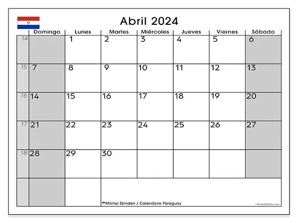 Calendario Paraguay para imprimir gratis de abril de 2024. Semana: De domingo a sábado.