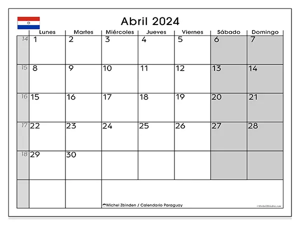 Calendario Paraguay para imprimir gratis de abril de 2024. Semana: De lunes a domingo.