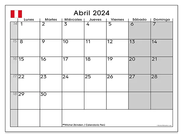 Calendario para imprimir gratis de Perú para abril de 2024. Semana : De lunes a domingo.