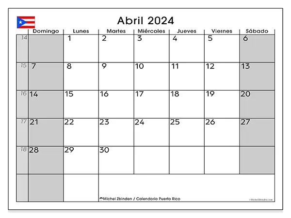 Calendario Puerto Rico para imprimir gratis de abril de 2024. Semana: De domingo a sábado.