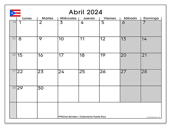Calendario Puerto Rico para imprimir gratis de abril de 2024. Semana: De lunes a domingo.