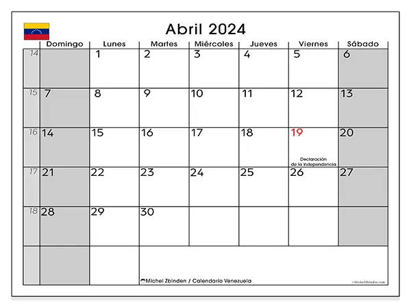 Calendario Venezuela para imprimir gratis de abril de 2024. Semana: De domingo a sábado.