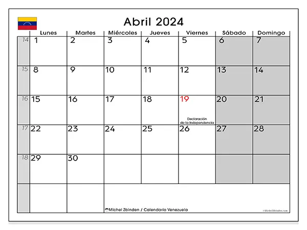 Calendario de Venezuela para imprimir gratis, abril 2025. Semana:  De lunes a domingo