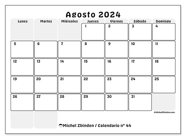 Calendario n.° 44 para imprimir gratis, agosto 2025. Semana:  De lunes a domingo