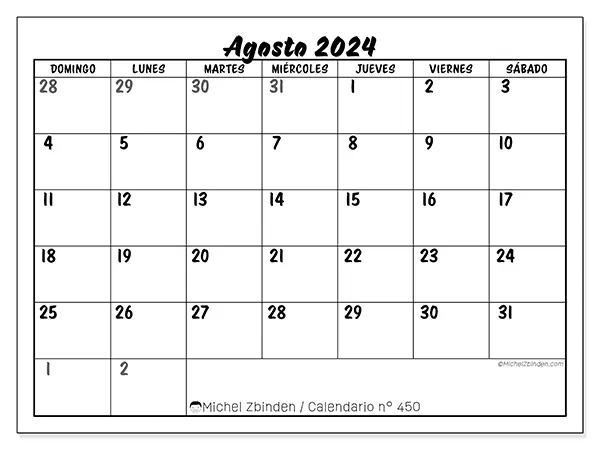 Calendario n.° 450 para agosto de 2024 para imprimir gratis. Semana: De domingo a sábado.