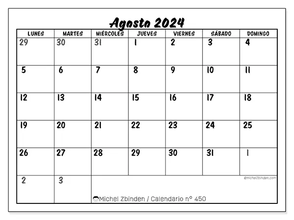 Calendario n.° 450 para agosto de 2024 para imprimir gratis. Semana: De lunes a domingo.