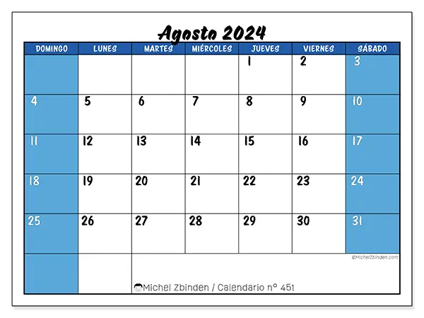 Calendario n.° 451 para agosto de 2024 para imprimir gratis. Semana: De domingo a sábado.