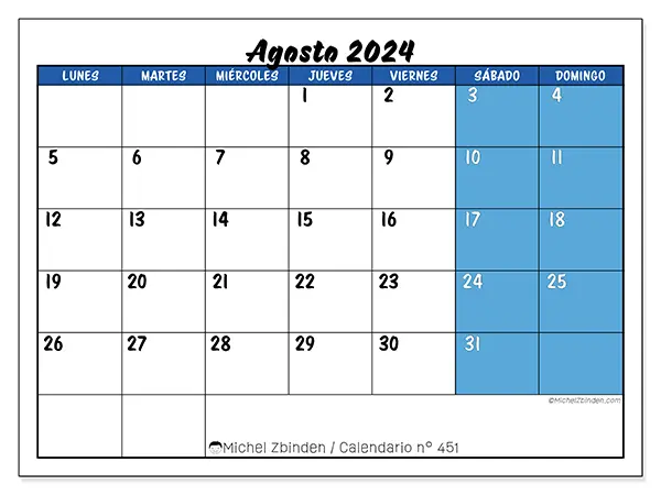 Calendario n.° 451 para agosto de 2024 para imprimir gratis. Semana: De lunes a domingo.