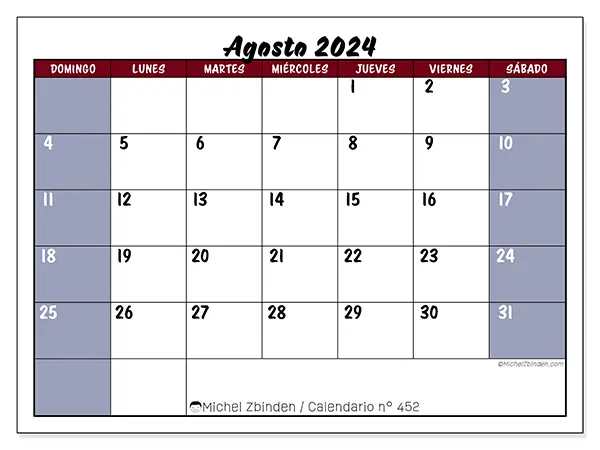 Calendario n.° 452 para agosto de 2024 para imprimir gratis. Semana: De domingo a sábado.