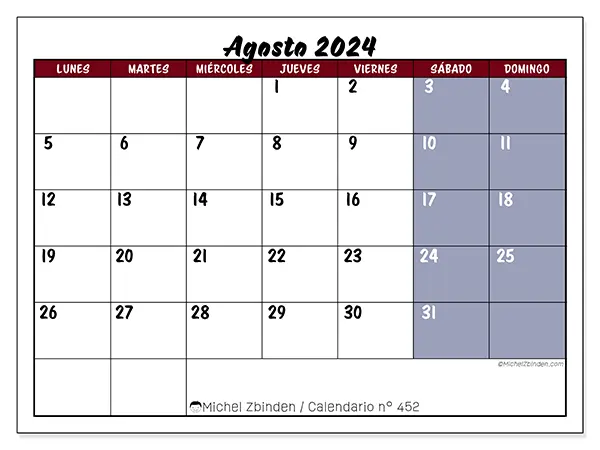 Calendario n.° 452 para agosto de 2024 para imprimir gratis. Semana: De lunes a domingo.