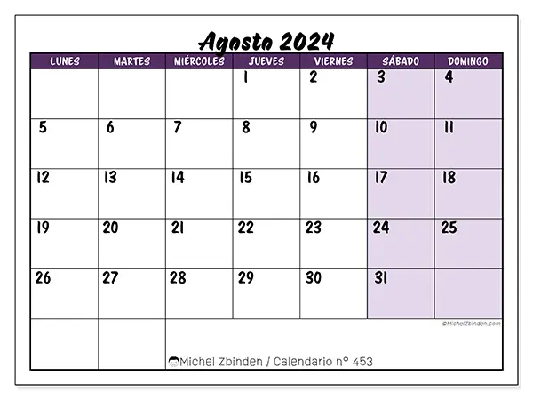 Calendario n.° 453 para imprimir gratis, agosto 2025. Semana:  De lunes a domingo