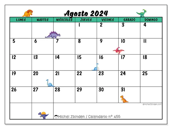 Calendario n.° 455 para imprimir gratis, agosto 2025. Semana:  De lunes a domingo