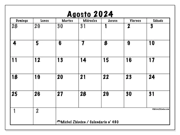 Calendario n.° 480 para agosto de 2024 para imprimir gratis. Semana: De domingo a sábado.