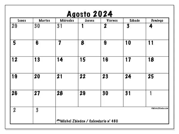 Calendario n.° 480 para imprimir gratis, agosto 2025. Semana:  De lunes a domingo