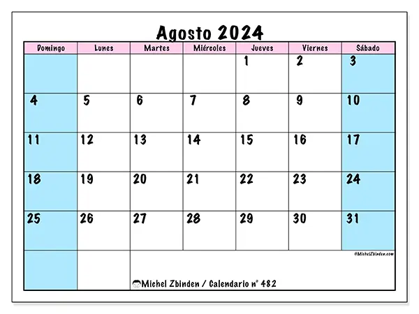 Calendario n.° 482 para agosto de 2024 para imprimir gratis. Semana: De domingo a sábado.