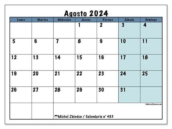 Calendario n.° 483 para agosto de 2024 para imprimir gratis. Semana: De lunes a domingo.