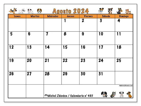 Calendario n.° 485 para agosto de 2024 para imprimir gratis. Semana: De lunes a domingo.